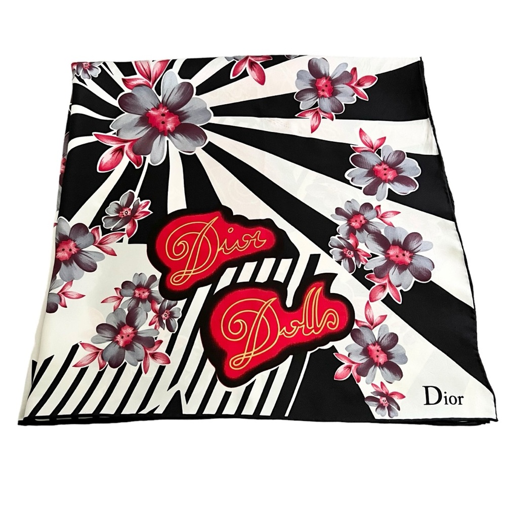 AUTH VTG Christian Dior Dolls Logo Floral Print Silk Large Square Scarf Top